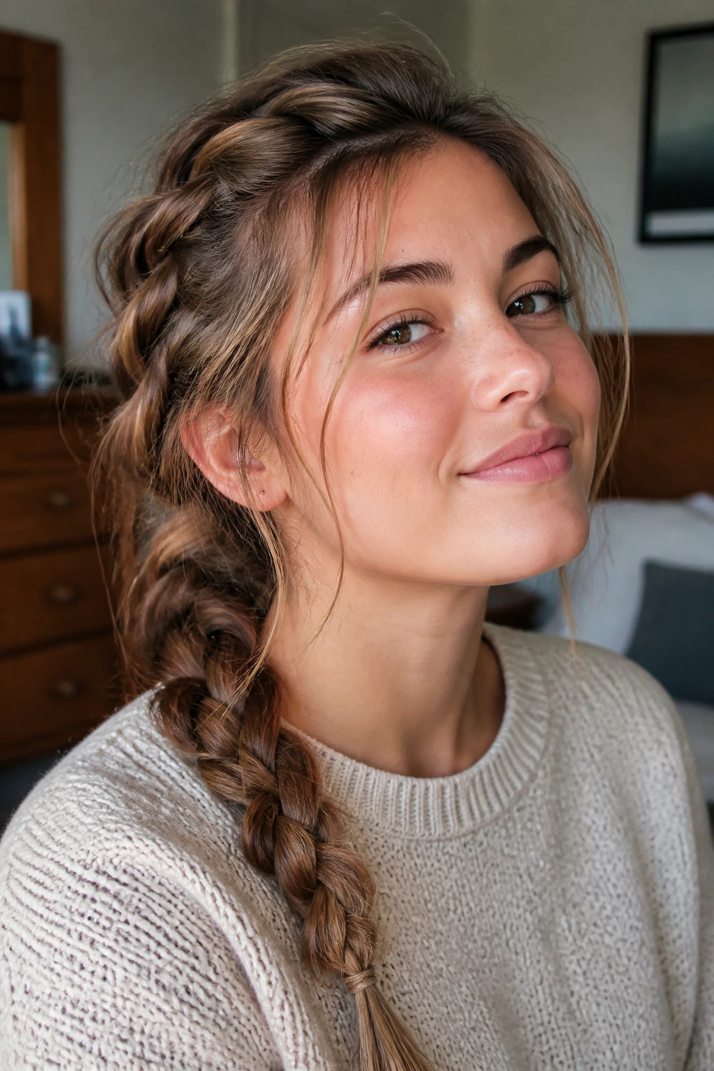 Close-up of a real person with a loose French braid and wispy tendrils