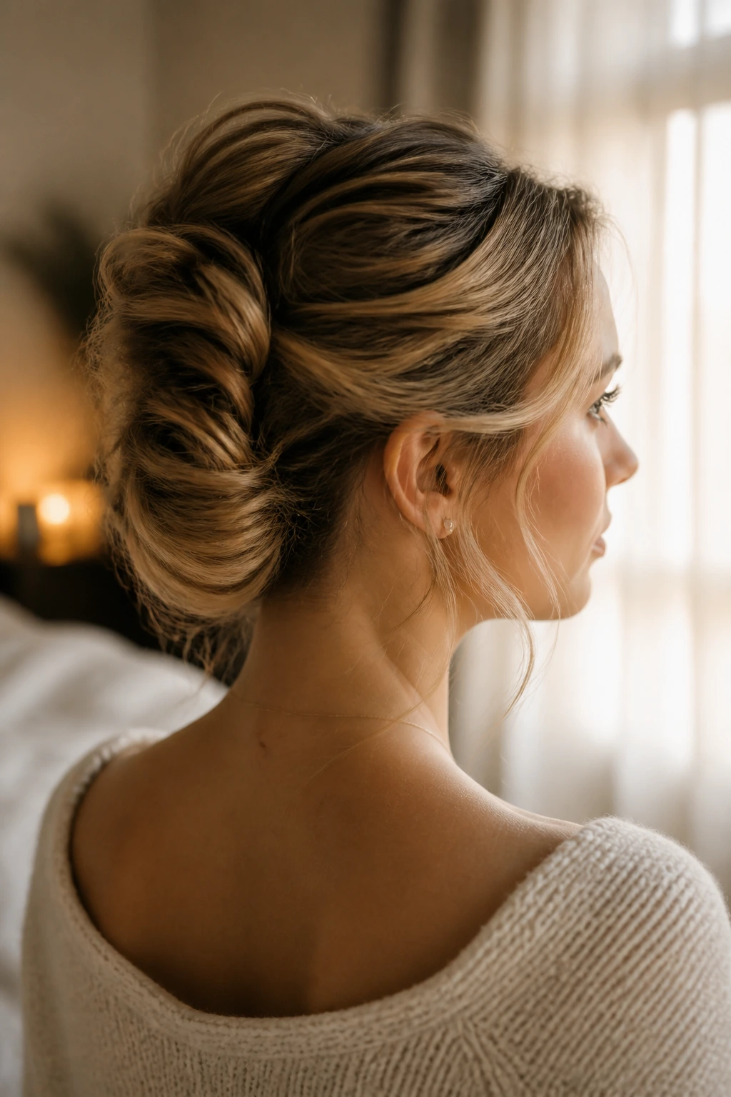 Close-up of a woman with a loose French twist in a softly lit bedroom