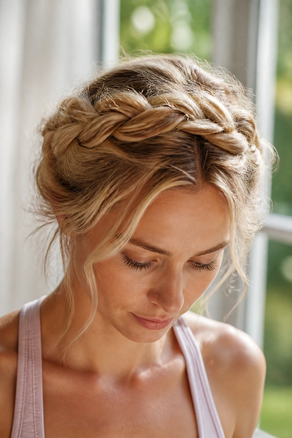 Close-up portrait of a real person wearing a loose halo braid around the crown