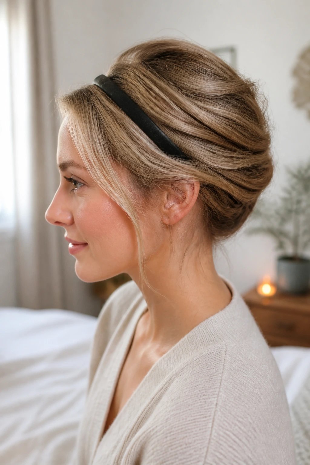 Side portrait of a real person with hair tucked into a headband.