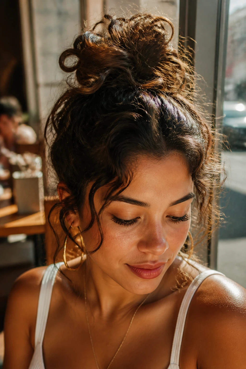 Portrait of a real woman with a high-volume loose knot hairstyle in warm light