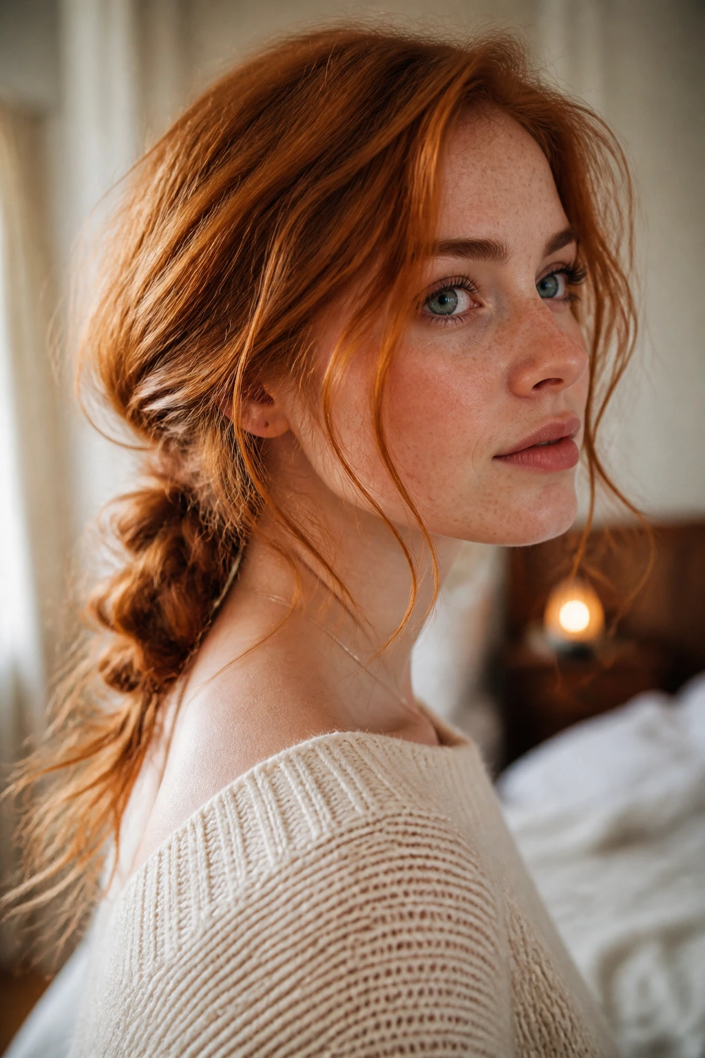 Real woman with a loose low copper braid and wispy ends
