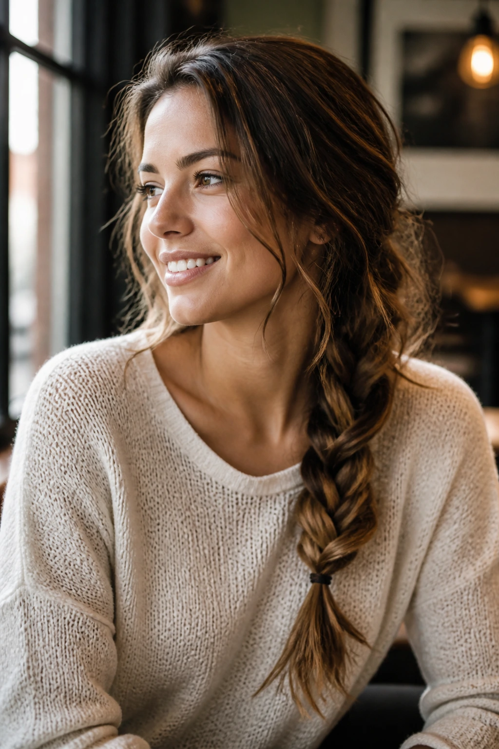 Close-up of a real woman with a loose, undone side braid draping over her shoulder