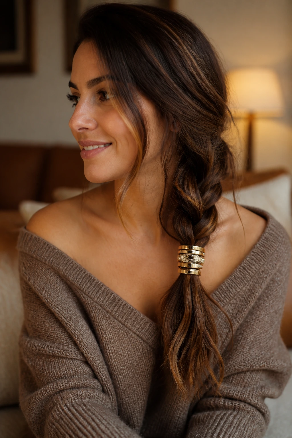 Close-up of a loose side-braid with a cluster of cuffs at the base.