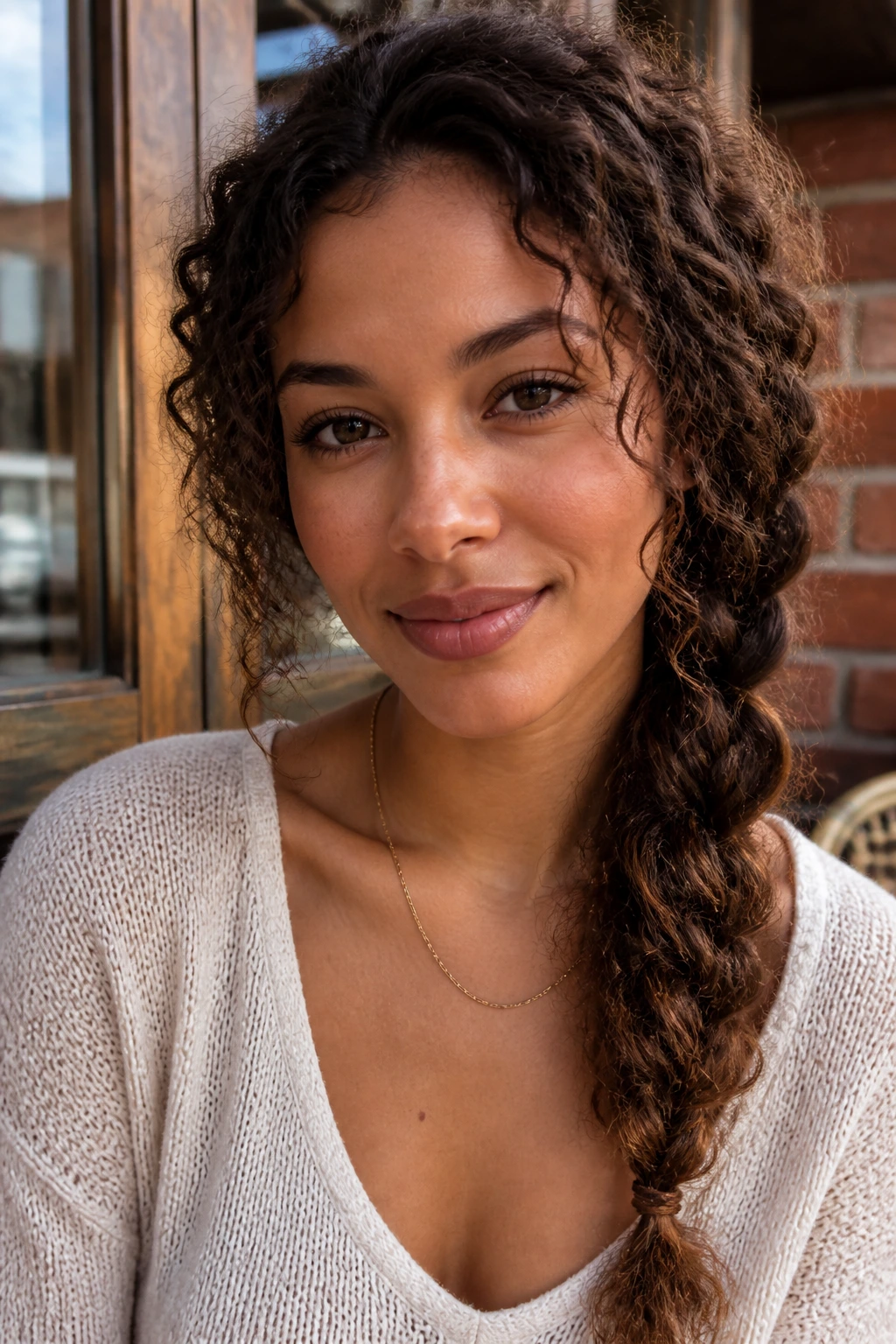 Close-up of a real woman with a loose thick side braid