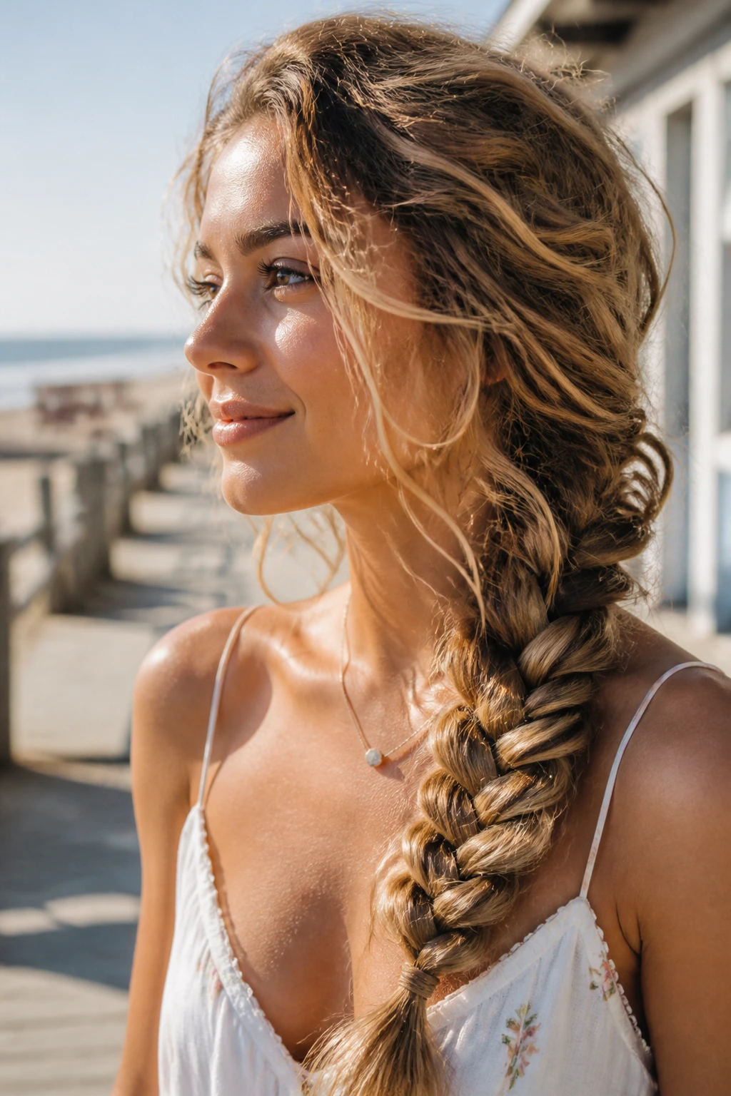 Portrait of a real woman with a loose side braid on the beach