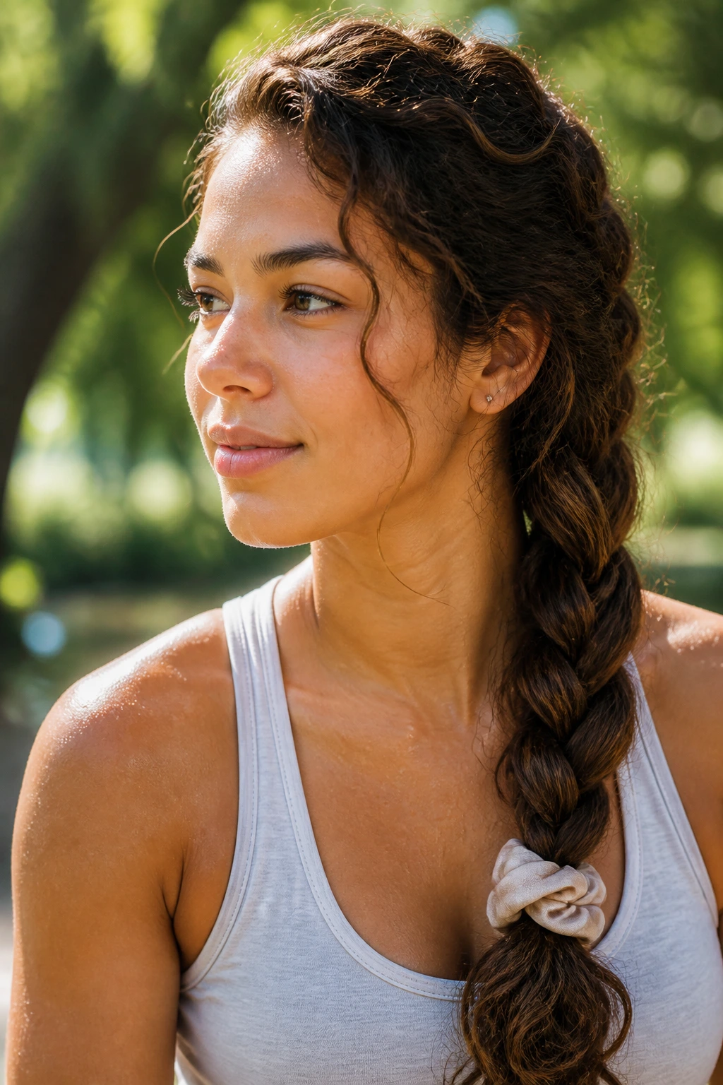Close-up of a real woman with a loose side braid secured by a silk scrunchie