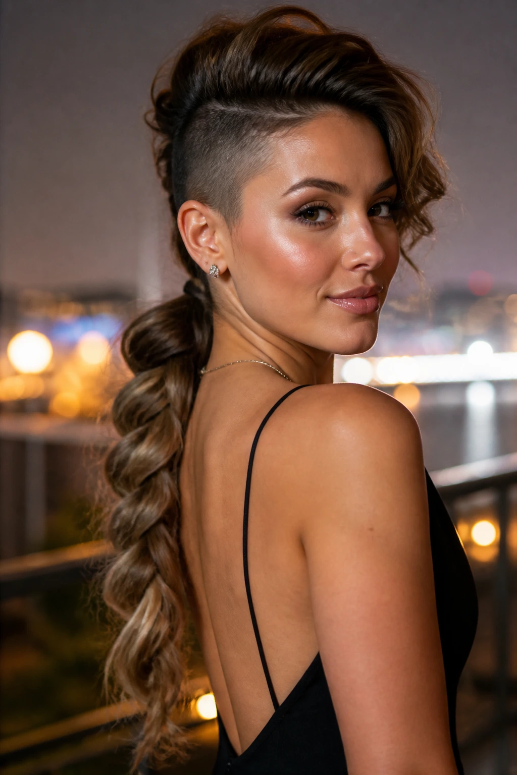 Close-up of a real woman with a voluminous loose side braid on shaved sides.