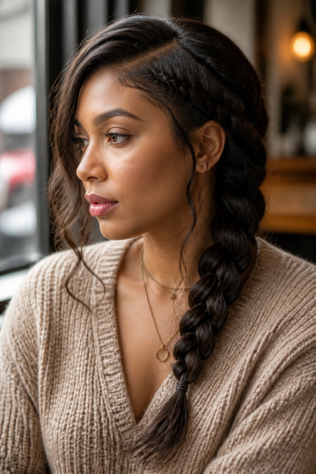 Close-up of a real woman with a loose side-part braid over her shoulder in cafe light