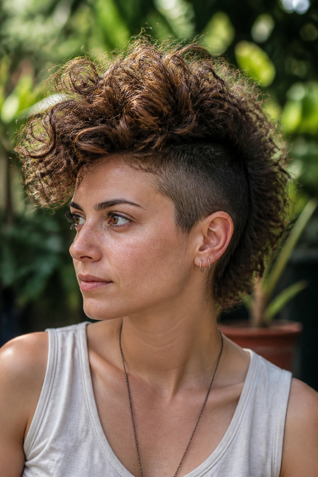 Close-up of real person with loose textured hawk and natural curls.
