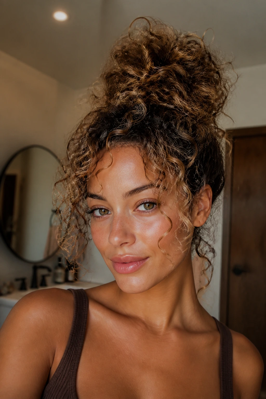 Close-up of a woman with a high loose top knot