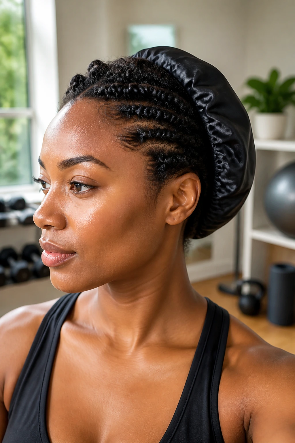 Close-up of short natural hair twists forming crown under bonnet