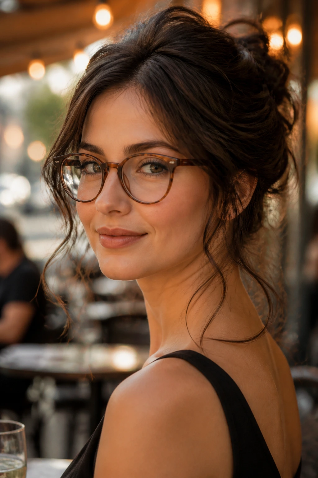 Portrait of woman with loose updo and wispy tendrils