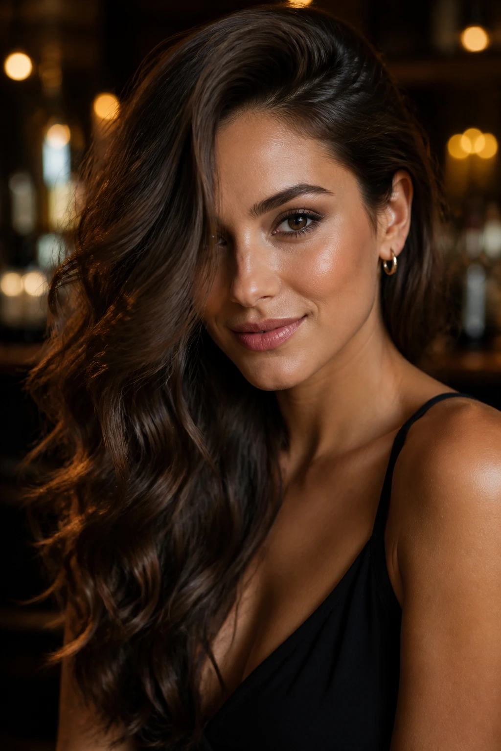 Close-up of a real woman with romantic loose waves and a deep side part in a candlelit bar setting