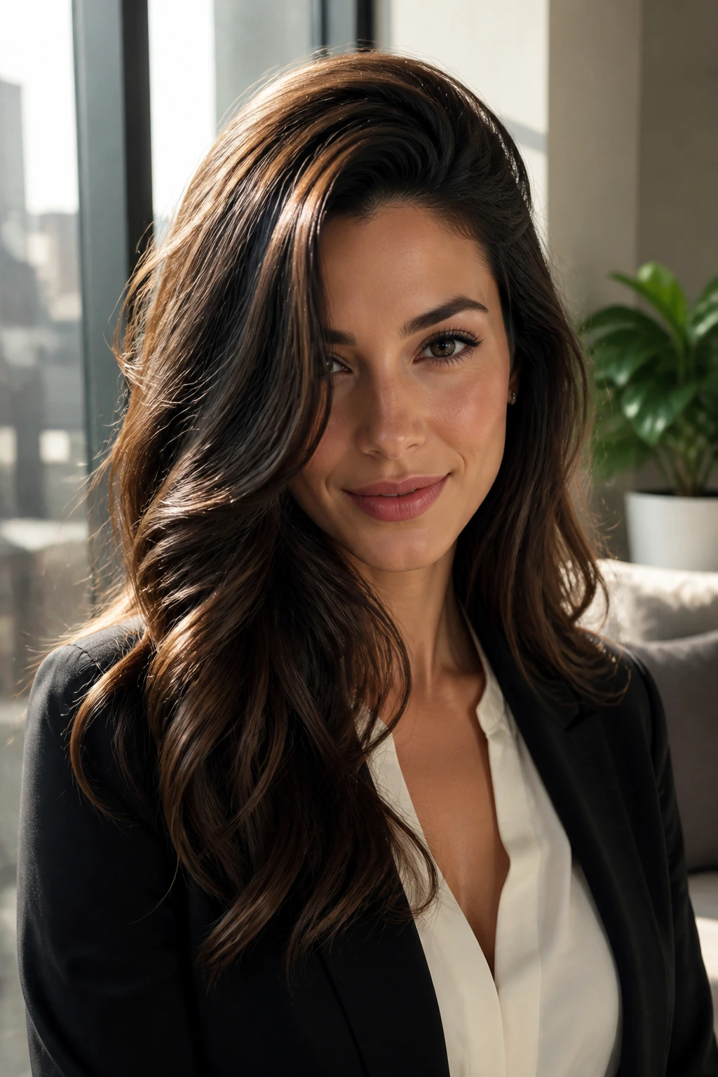 Portrait of a woman with deep side part and loose waves in an office