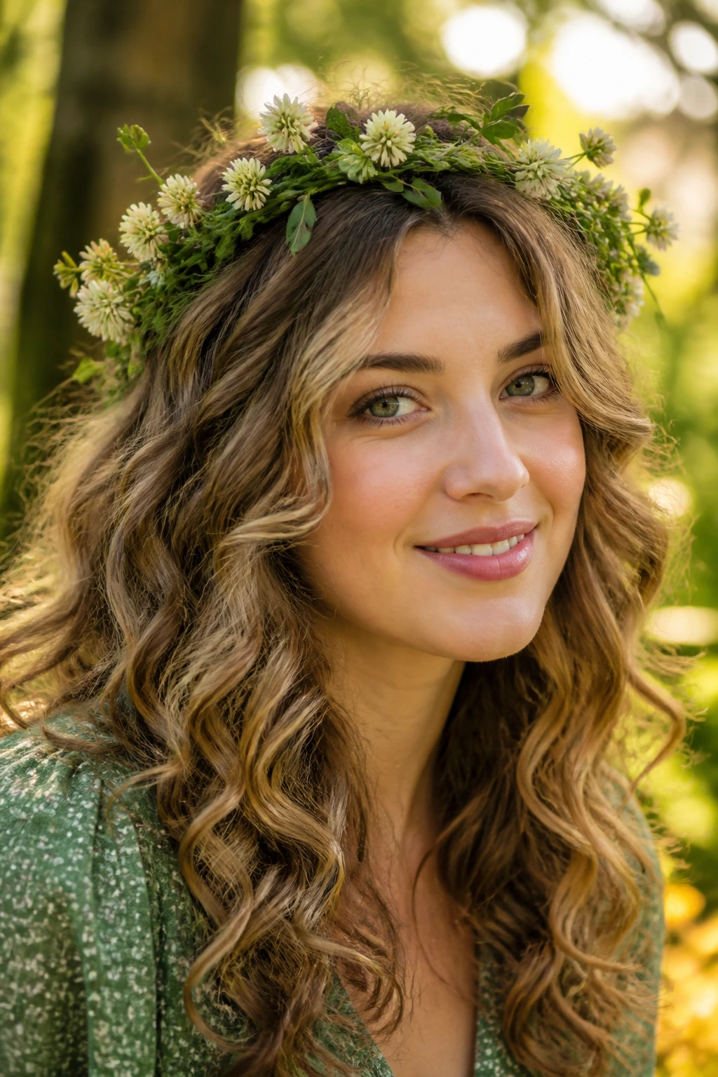 Close-up of loose curls with a green flower crown on a real person