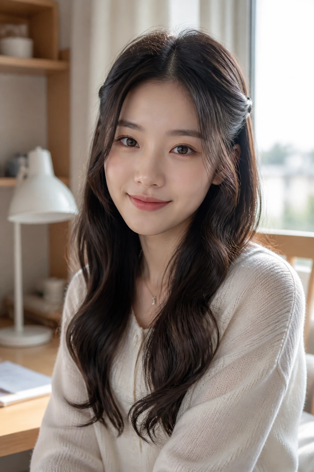 Portrait of a person with loose waves and hidden bobby pins at the sides.