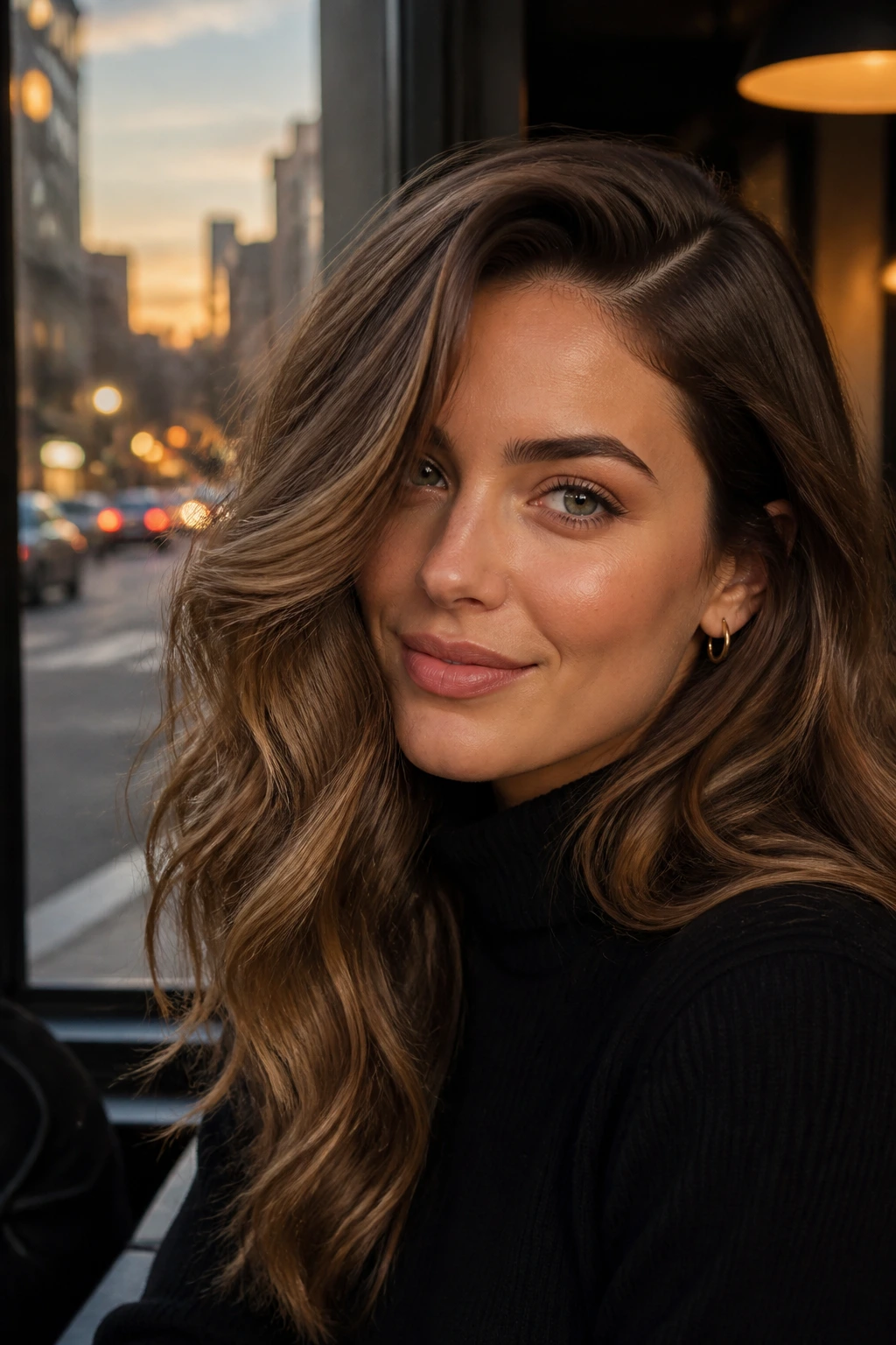 Close-up of a real woman with deep side part and loose waves