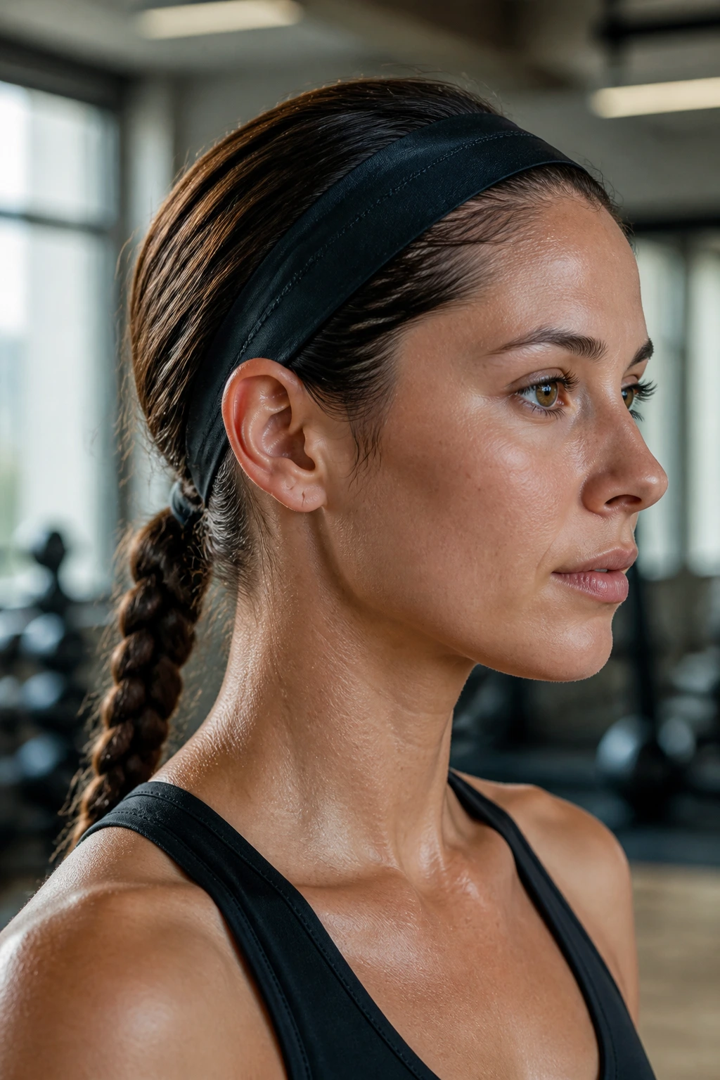 Real woman with a sleek low braid and athletic headband during workout