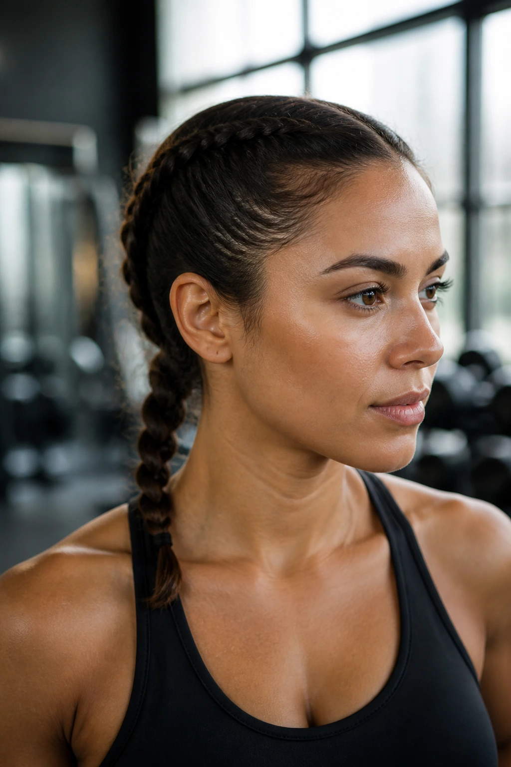 Close-up of a real woman with a classic low braided part at the nape during a workout