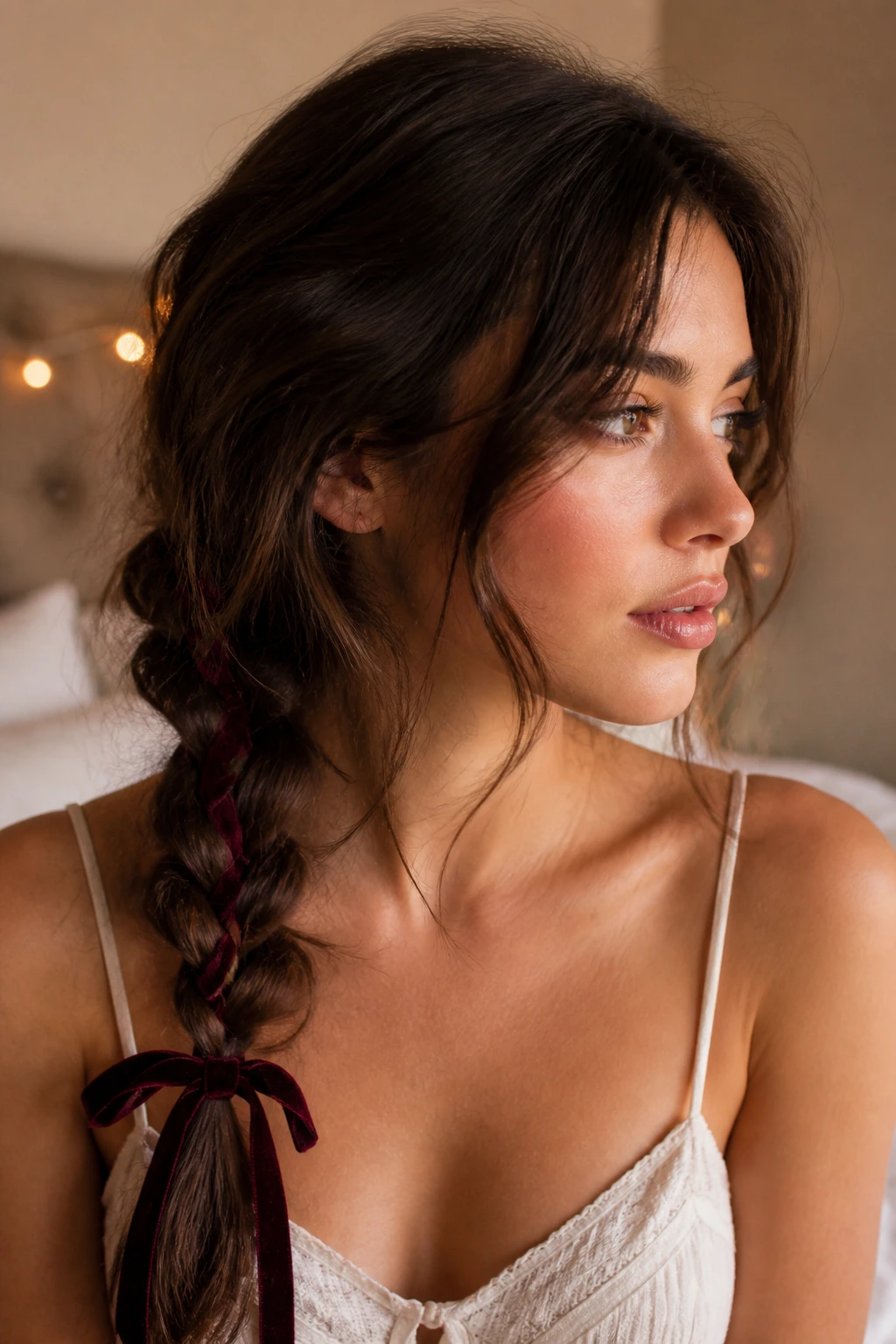 Close-up of a real woman wearing a low braid with a velvet ribbon