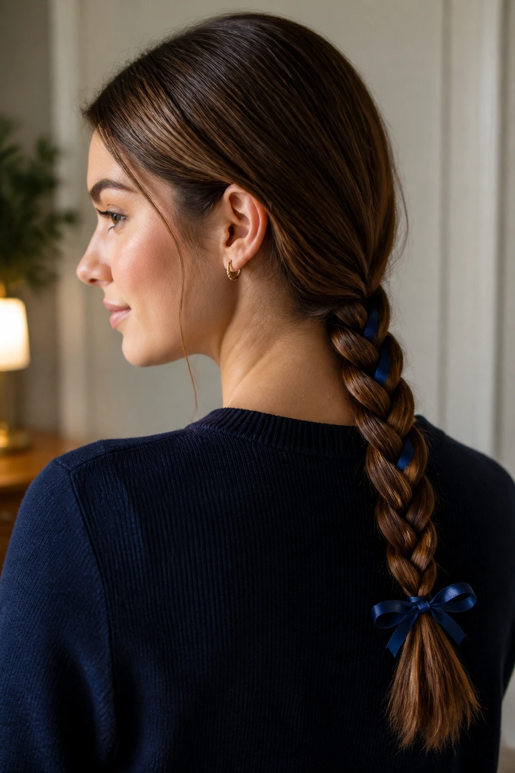 Medium close-up of a person with ribbon woven into a low braid at the nape
