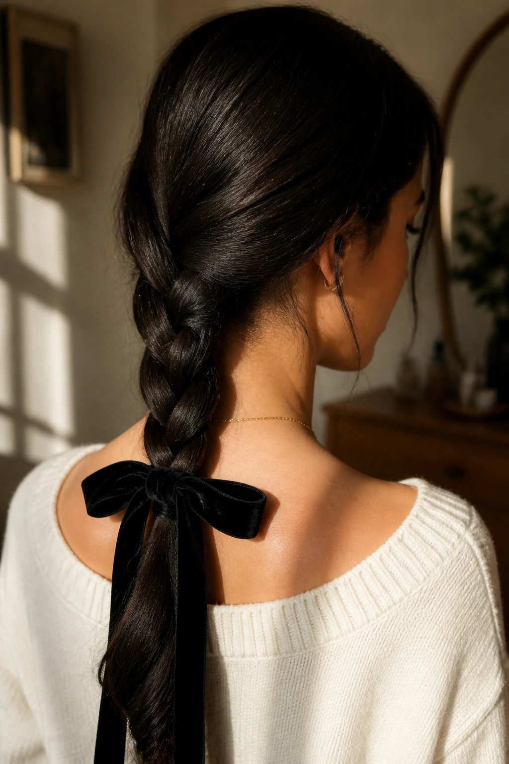 Close-up portrait of a real woman with a low braid and velvet ribbon in warm light