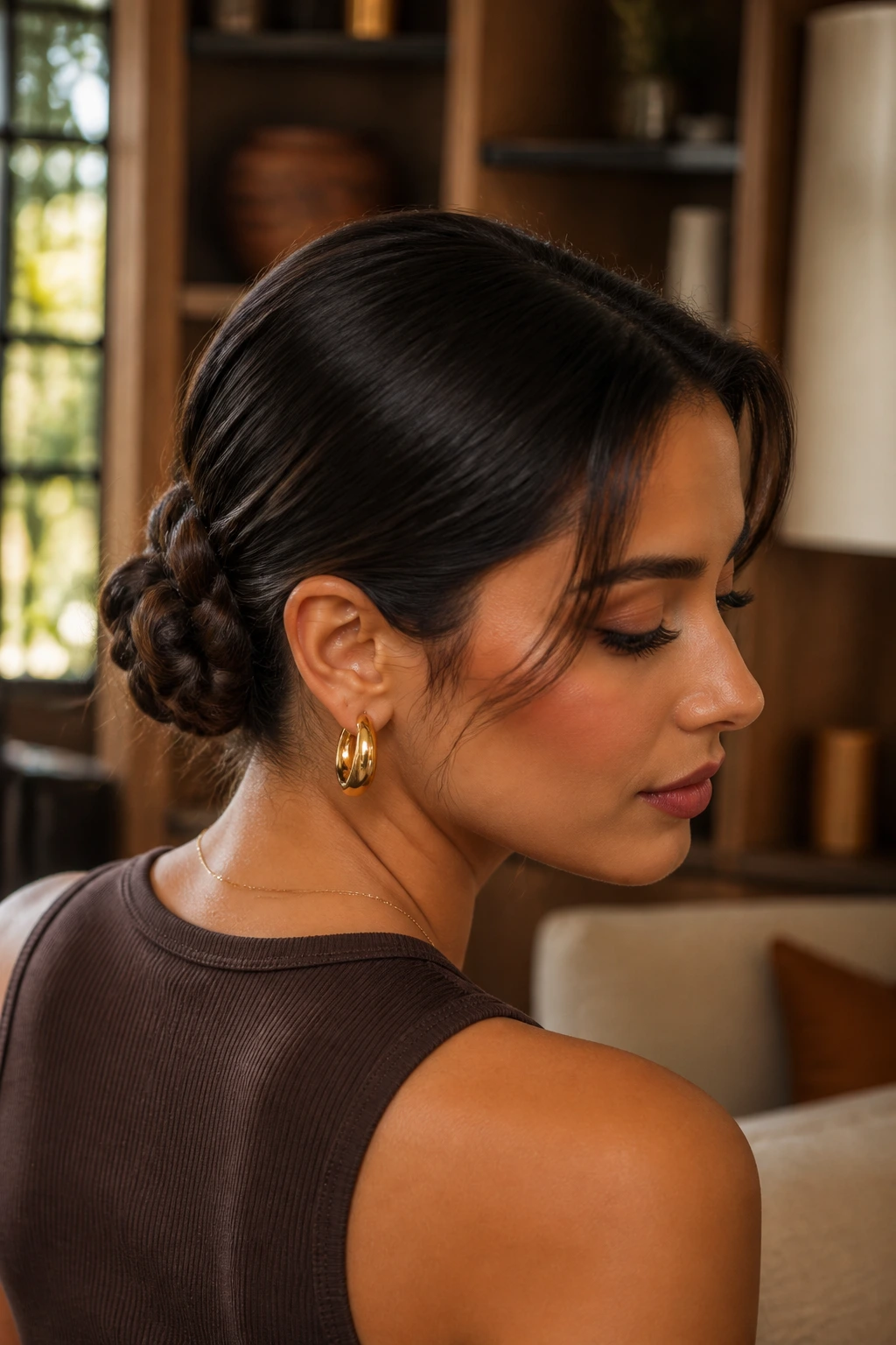 Close-up of a real woman's low braided bun in a cozy home setting