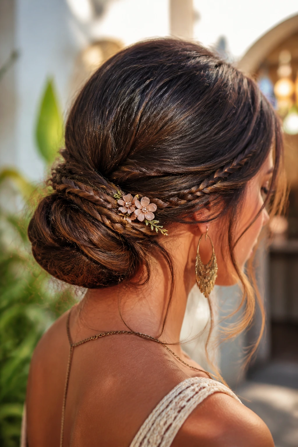 Close-up of low braided bun with floral pins at a festival