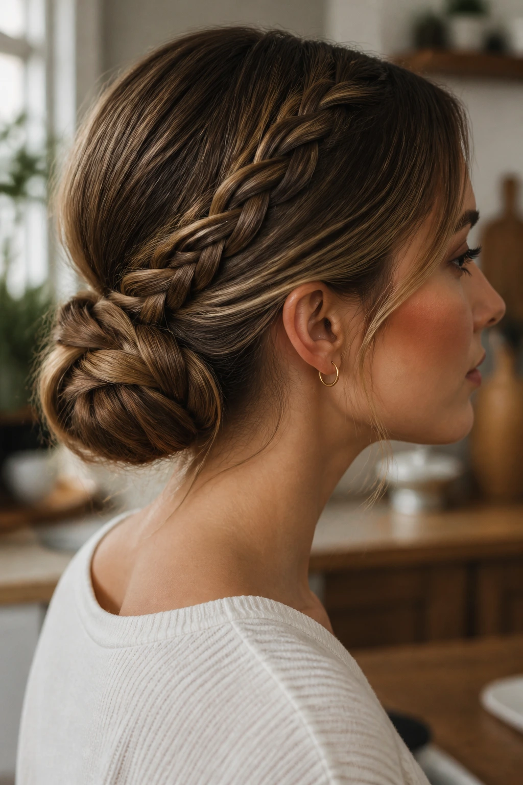 Side profile of a woman with a low braided bun