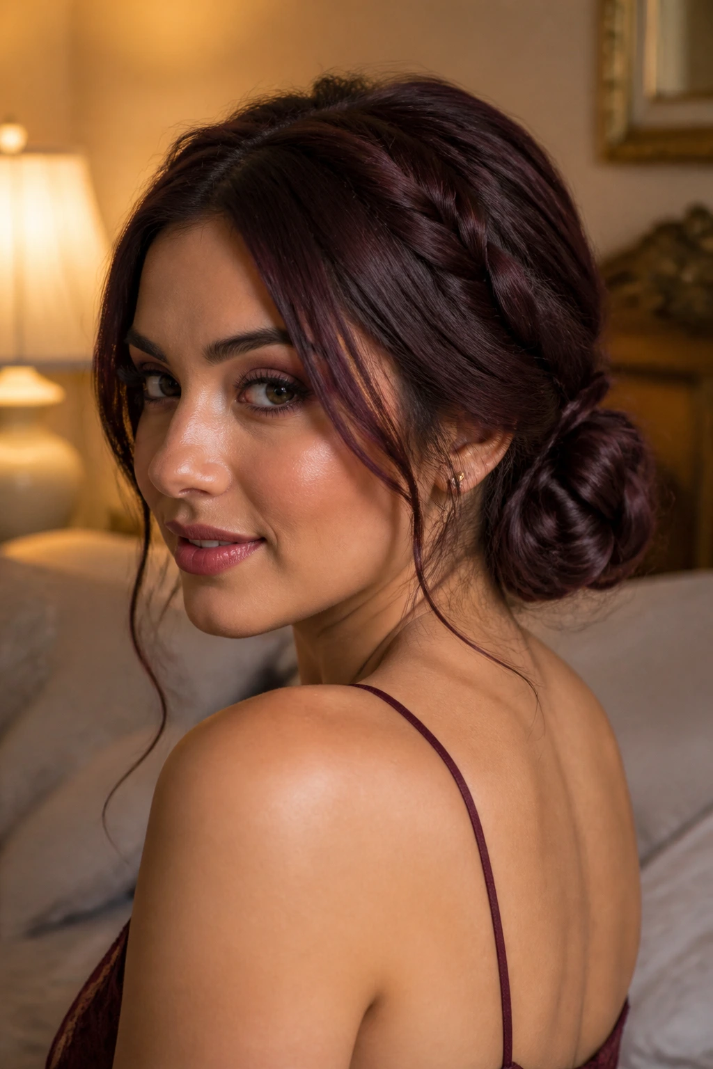 Close-up portrait of a real woman with a low braided bun in maroon hair