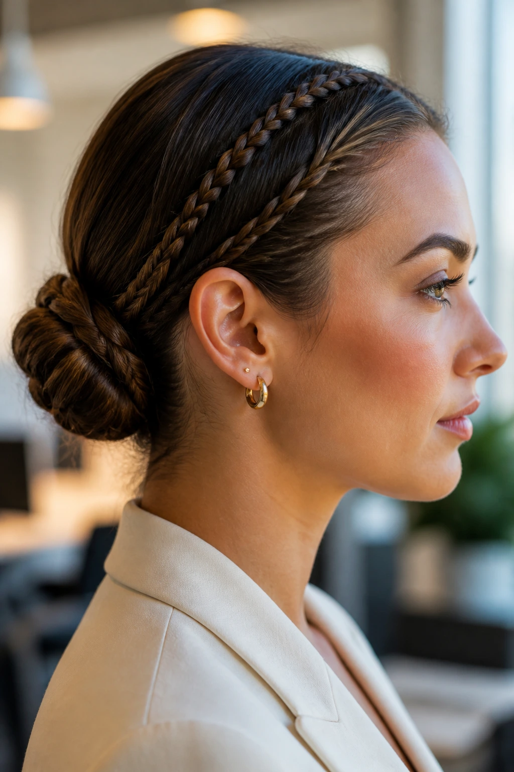 Profile view of a woman with a low braided bun in an office setting