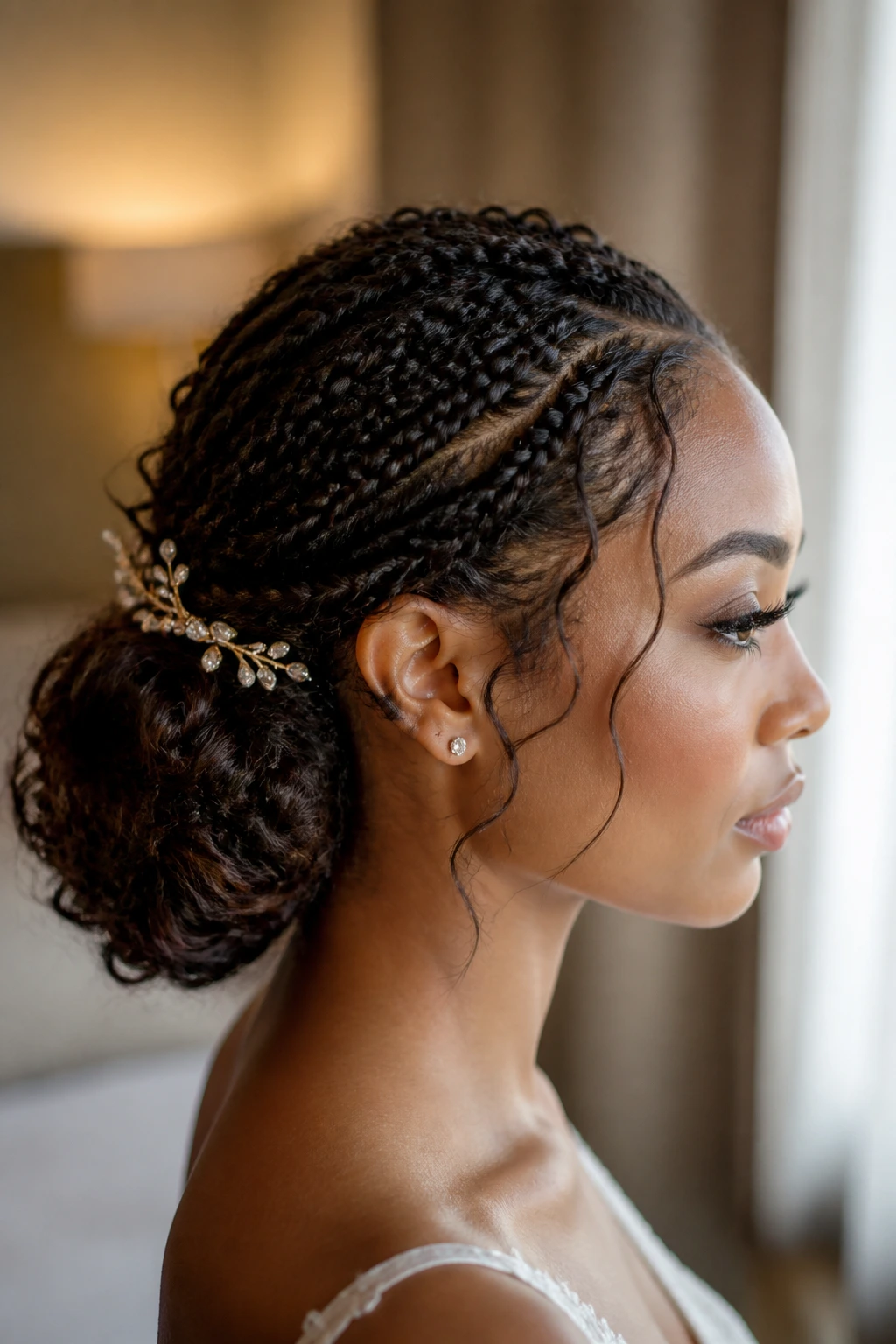 Close-up portrait of a real woman with an elegant low braided bun