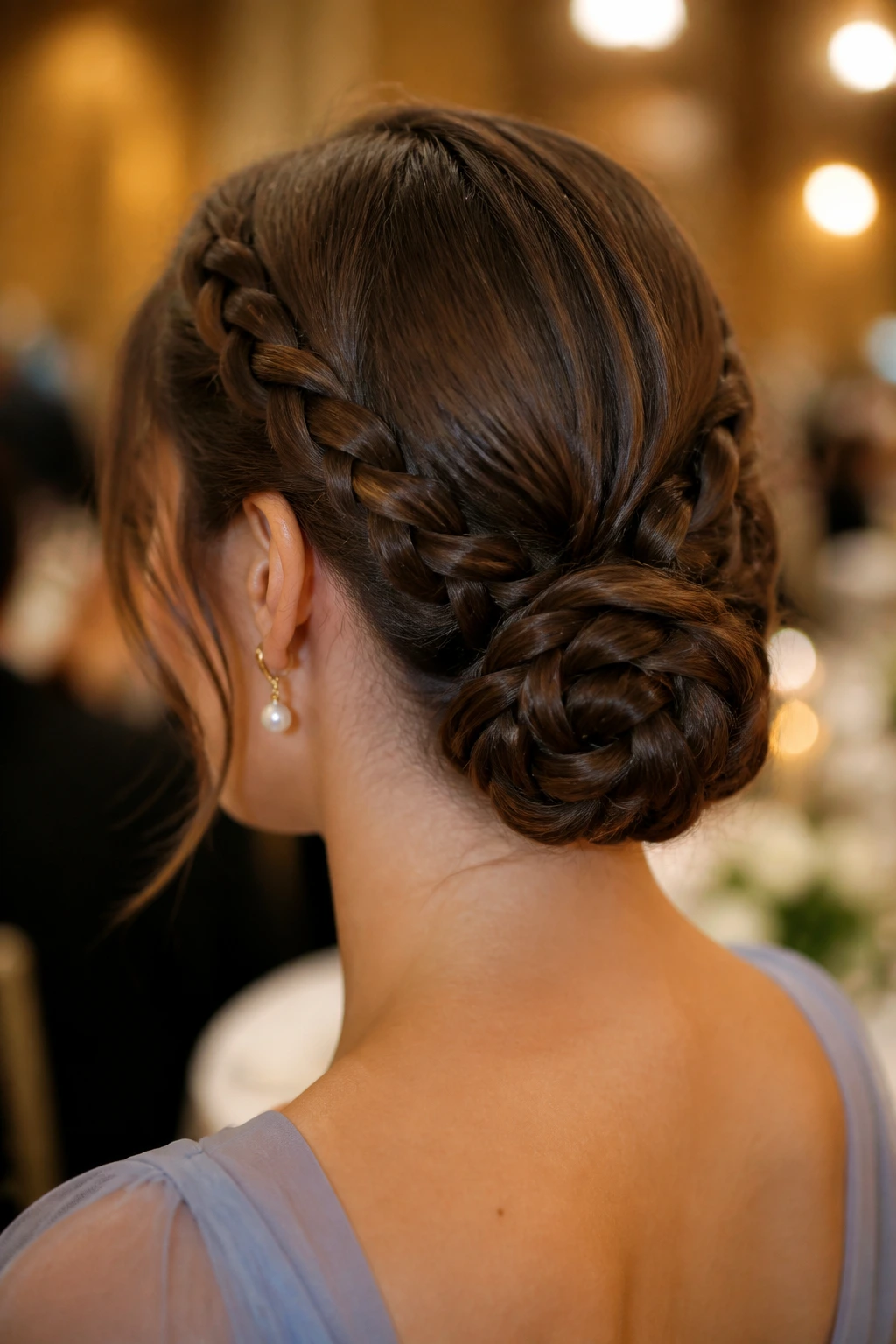 Close-up of a real woman with a low braided chignon hairstyle
