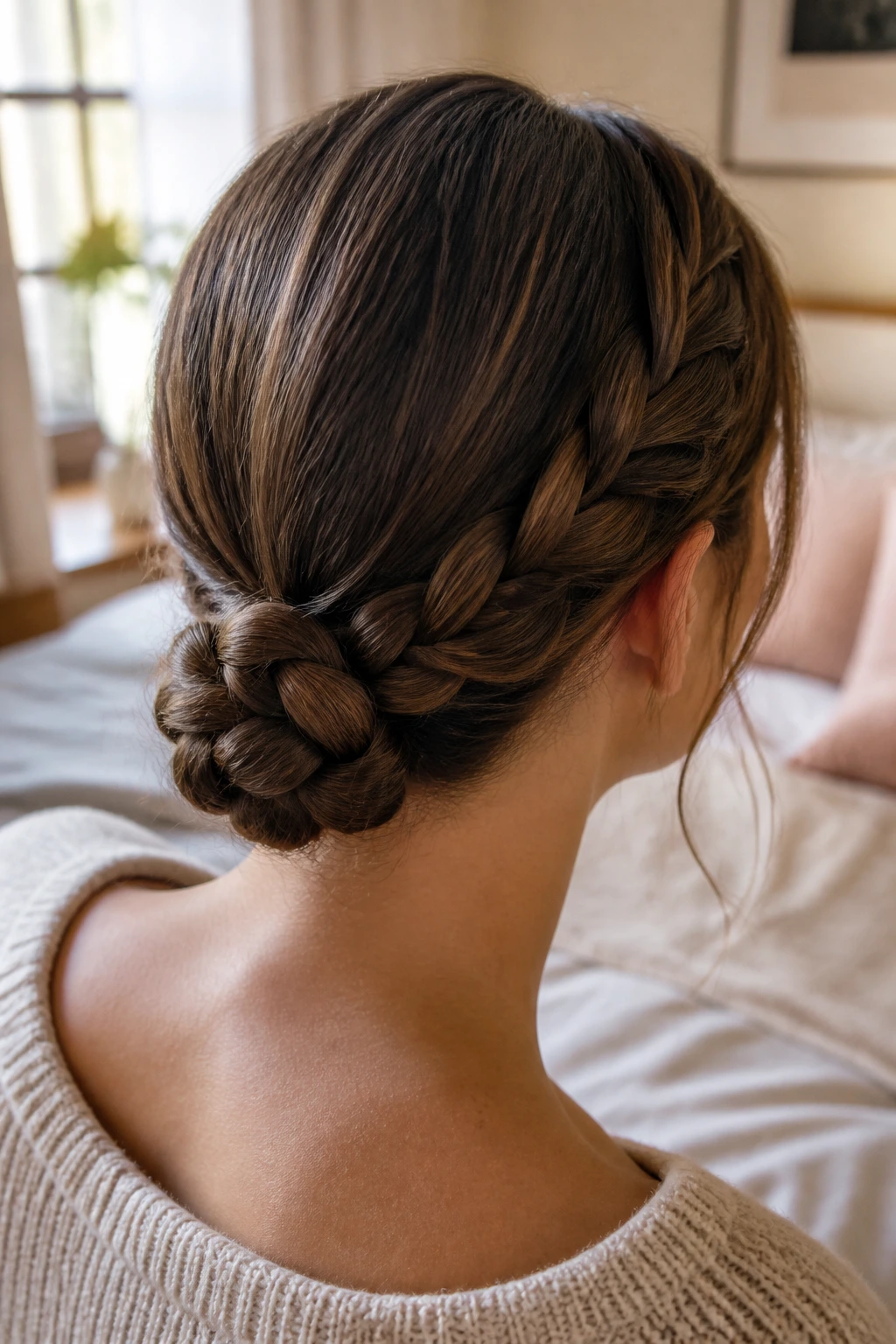 Back view of real woman with a low braided knot at the nape