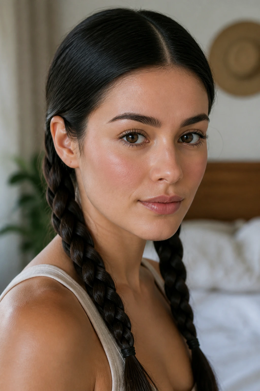 Portrait of a person with two low braids starting at the nape in soft interior light