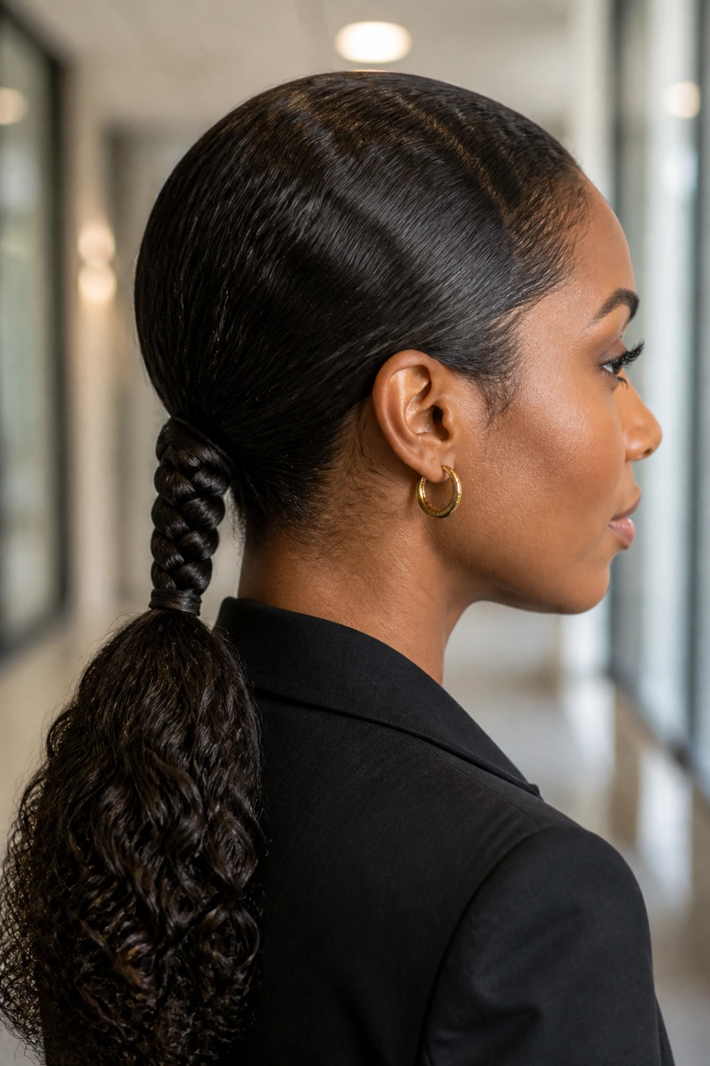 Portrait of a woman with a low braided ponytail in a professional setting.