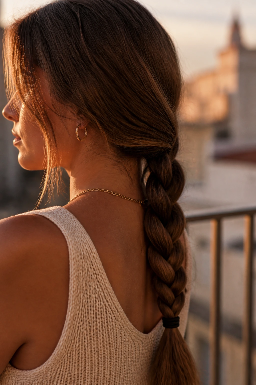 Close-up of a real woman with a low braided ponytail featuring a three-strand braid