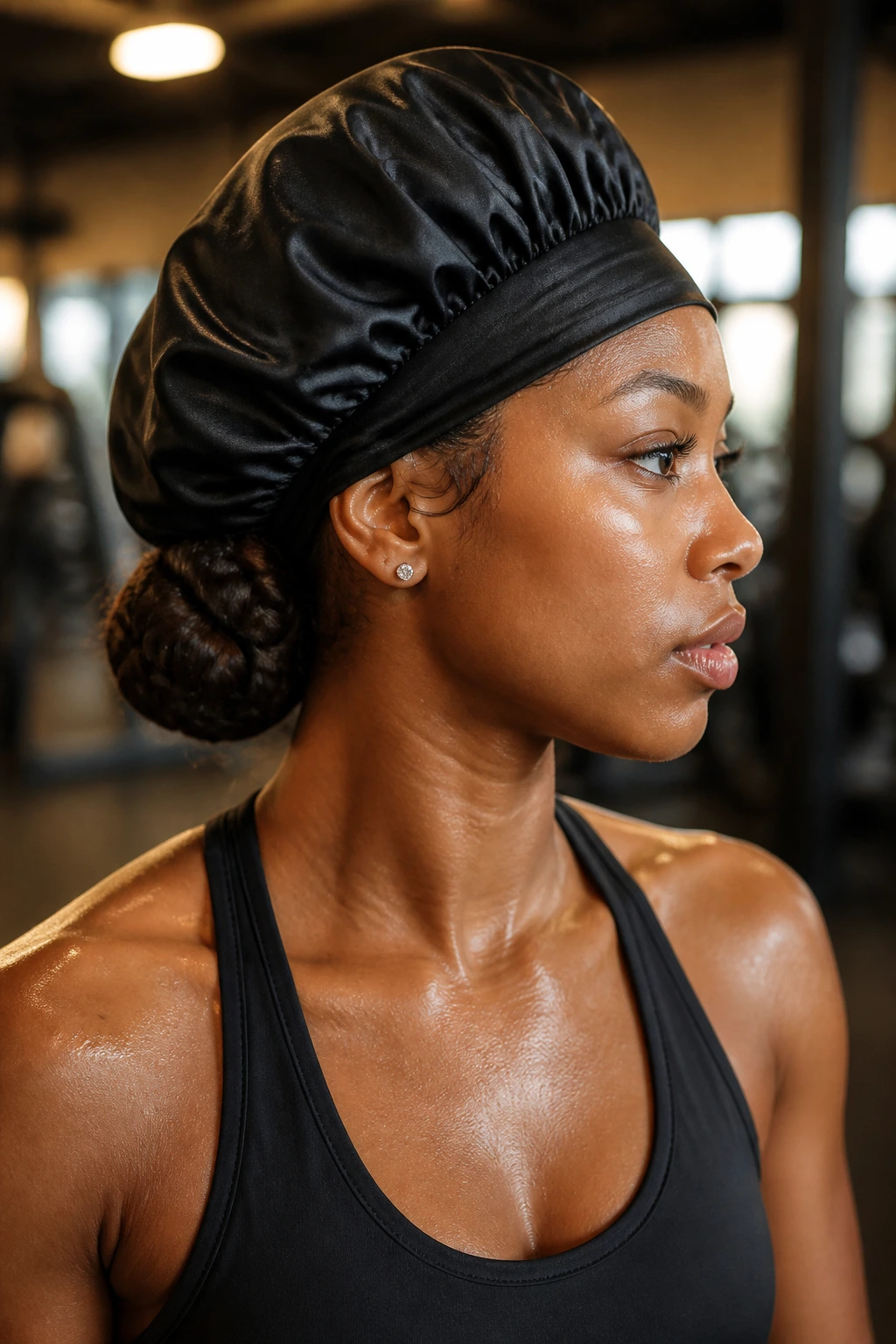 Real person with low braided ponytail bun under bonnet in gym