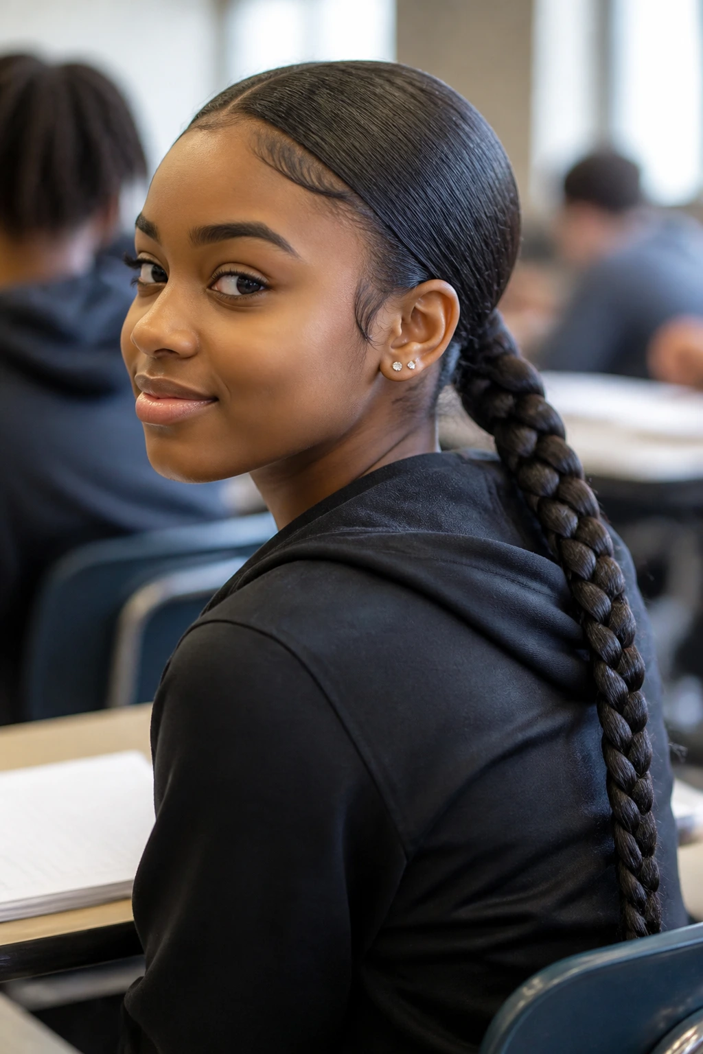 Real student with a low braided ponytail at the nape in a classroom setting.