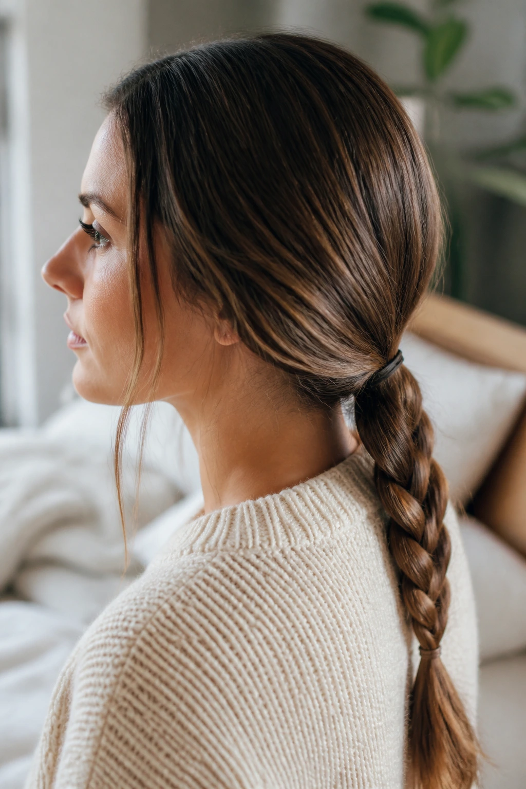 Real person with a low braided ponytail in natural home lighting