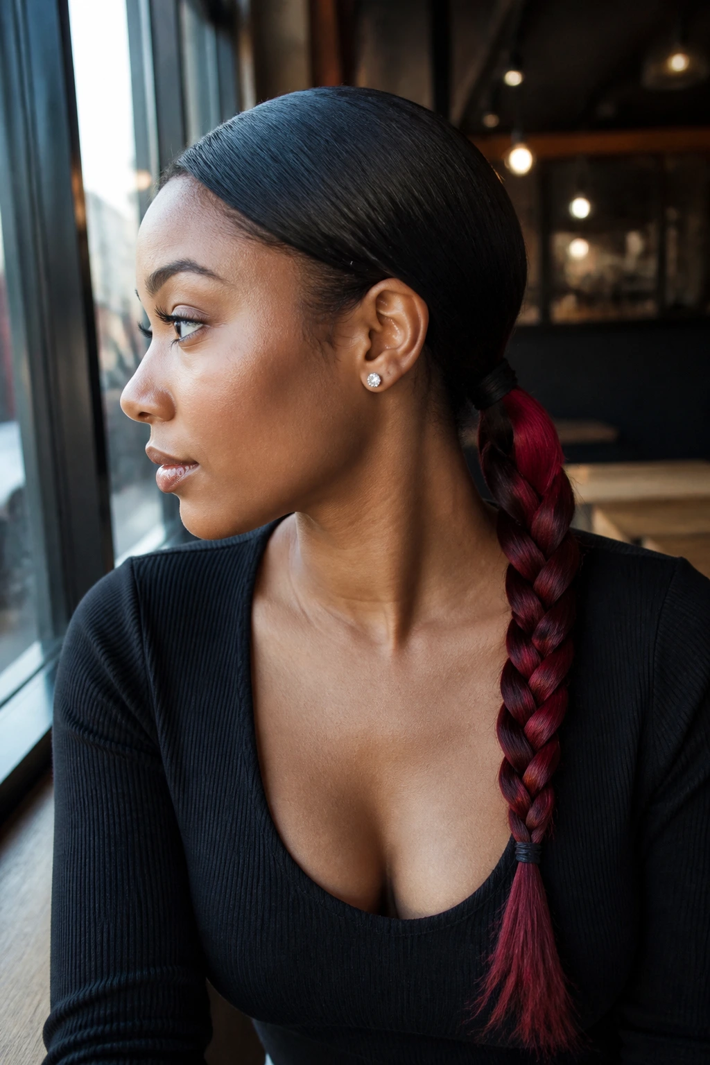 Close-up of a real woman with a low braided ponytail showing red ends at the base.