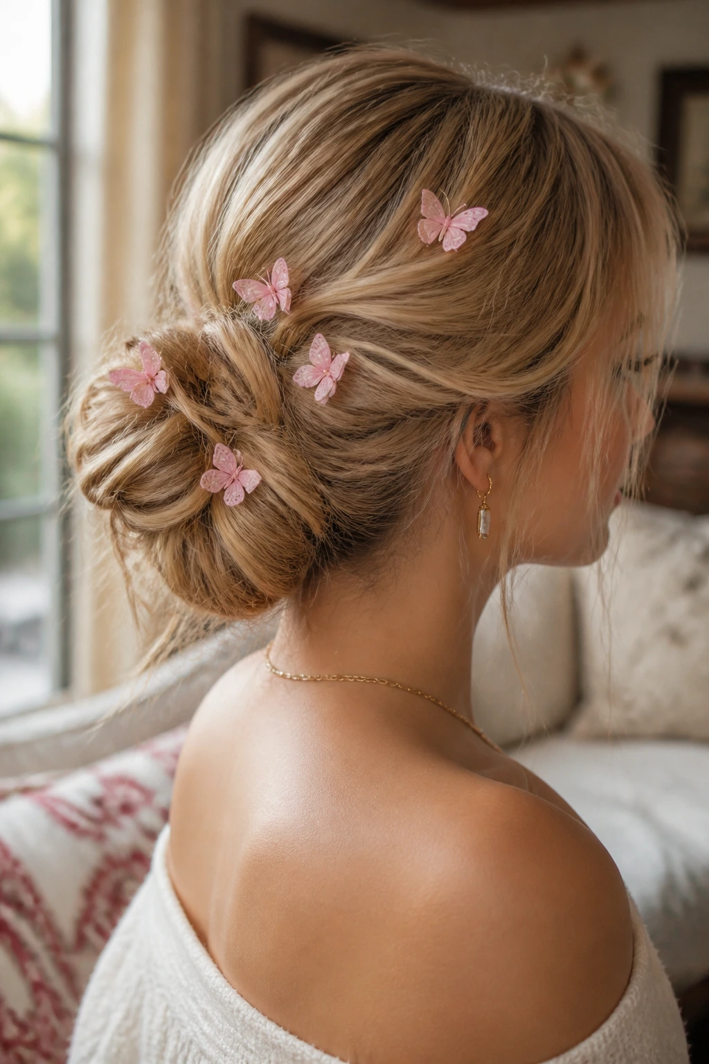 Close-up of a real person wearing a loose low bun with pink butterfly accents