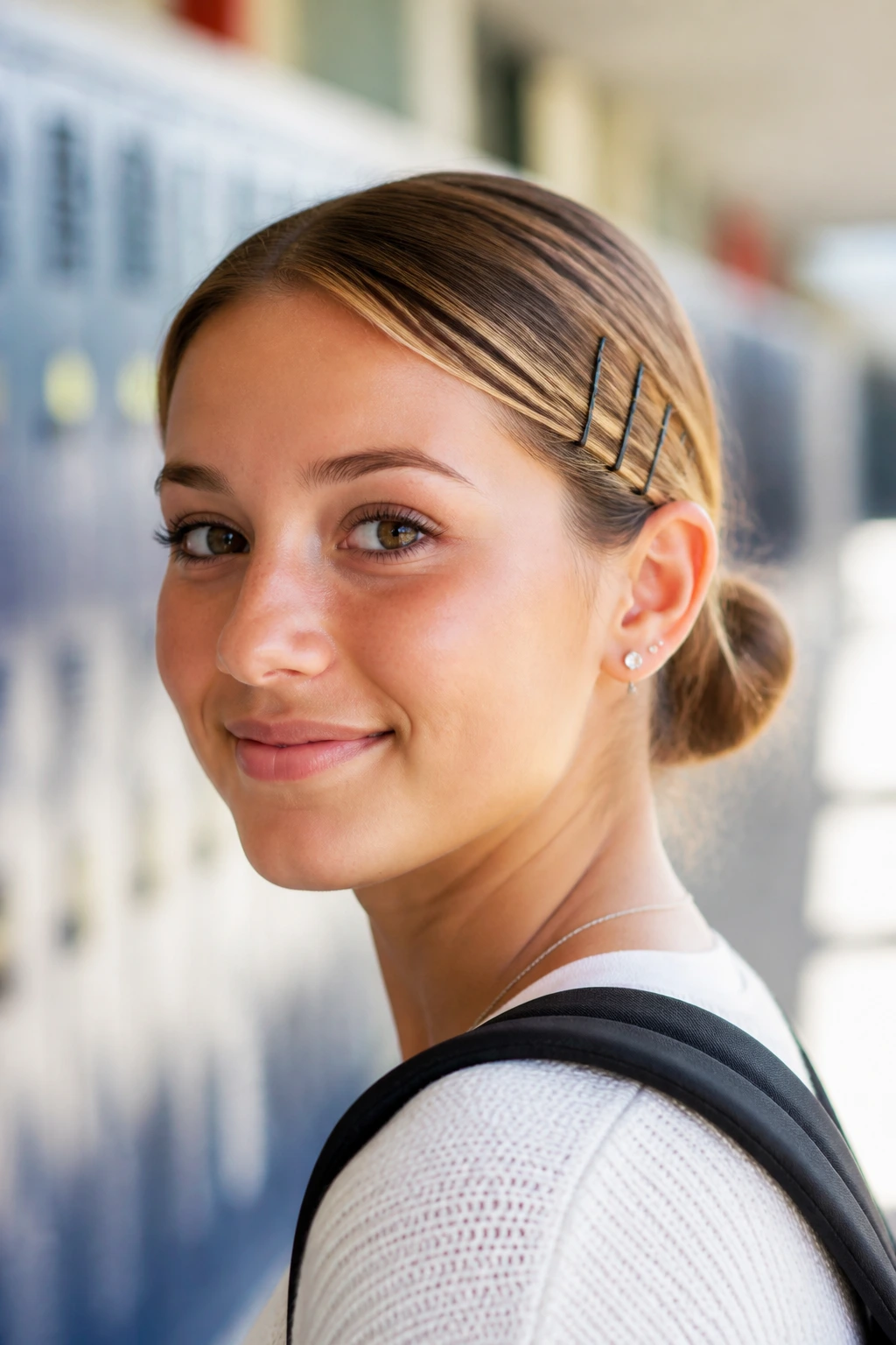 Close-up of a real student with a secure chic low bun pinned around the scalp