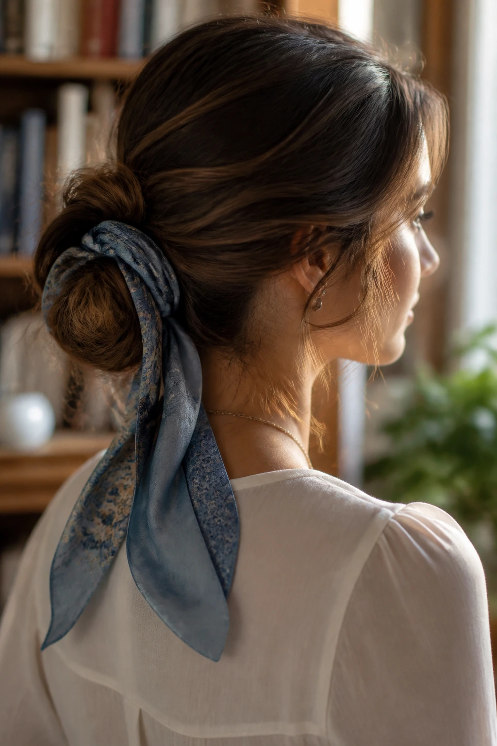 Close-up of a real person with a low messy bun wrapped in a blue silk scarf
