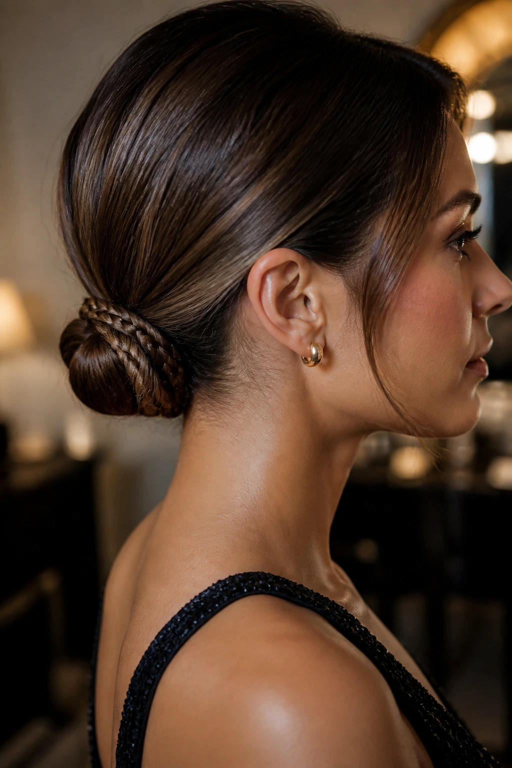 Close-up of a real woman with a wrapped braid around a low bun
