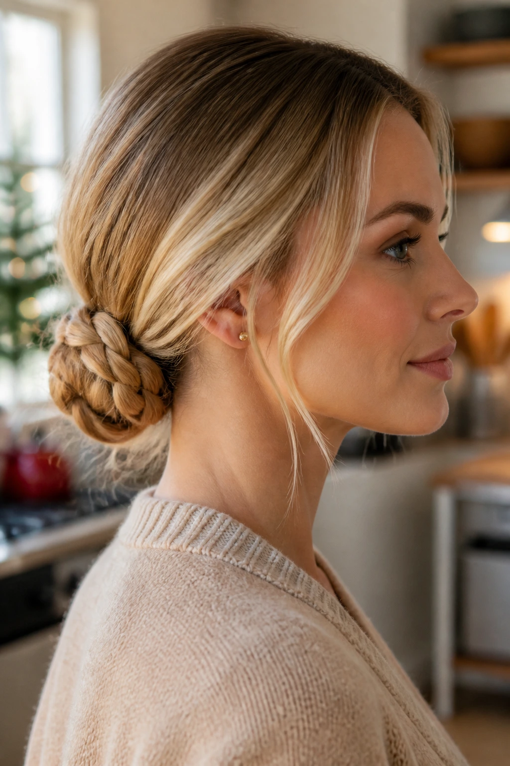 Close-up of a low braided bun at the nape