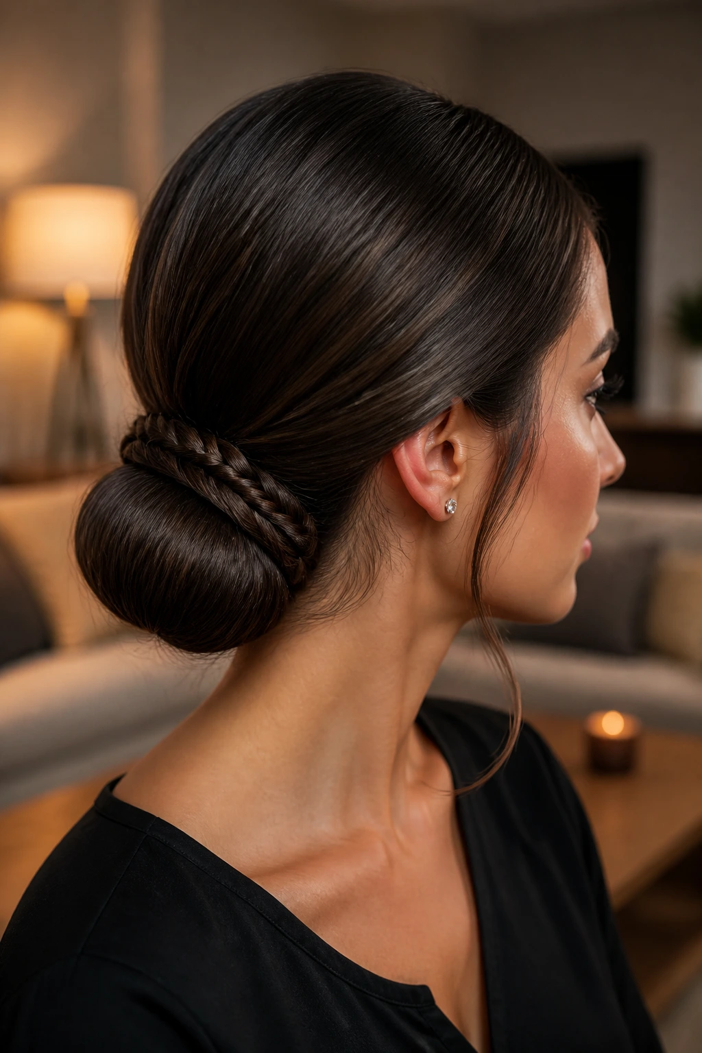 Portrait of woman with braid-wrapped low bun in cozy living room light