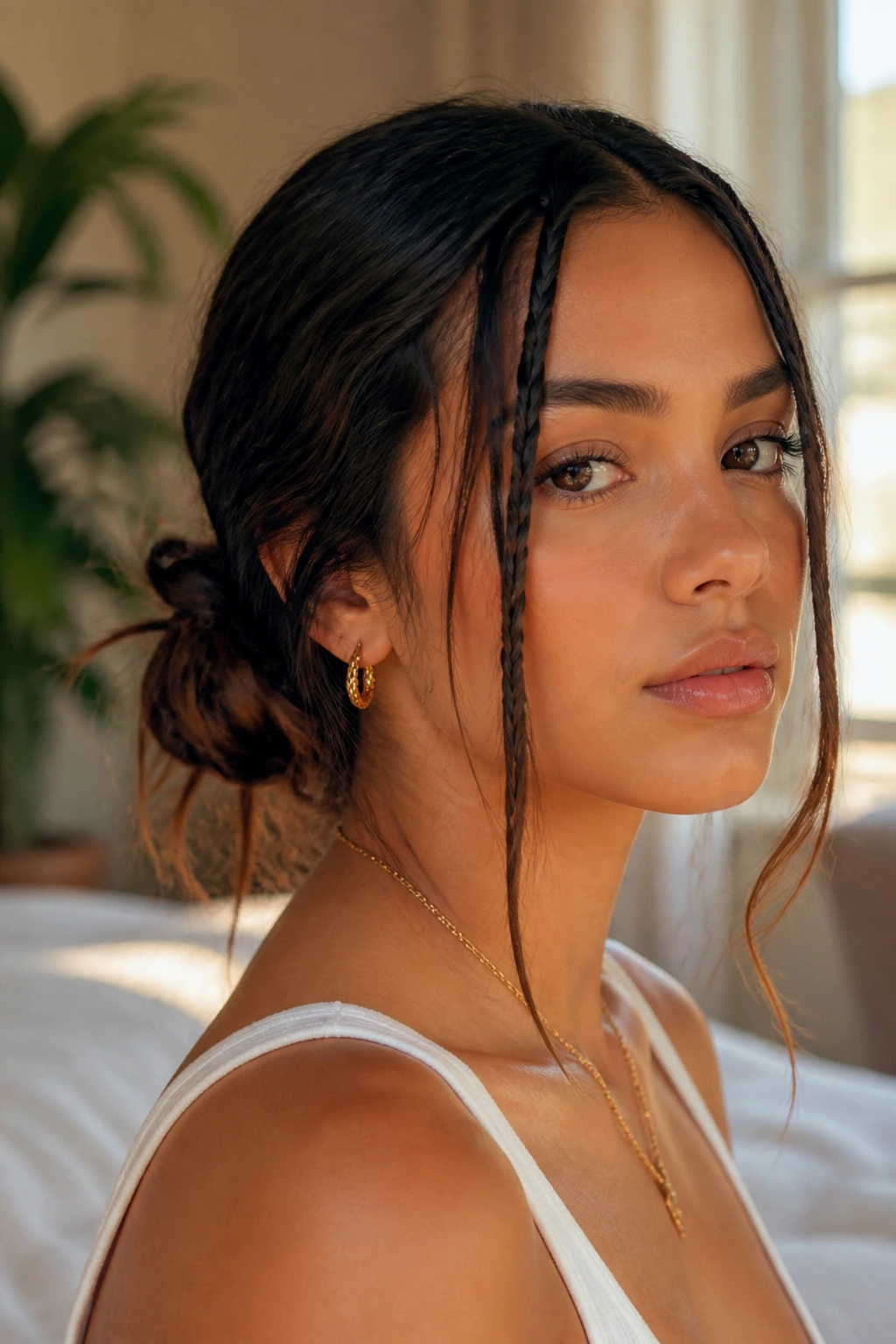 Close-up of a real woman with a low bun and face-framing braids in natural light