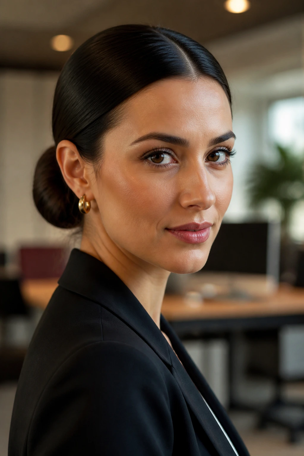 Close-up of a real person with a polished low bun and center part